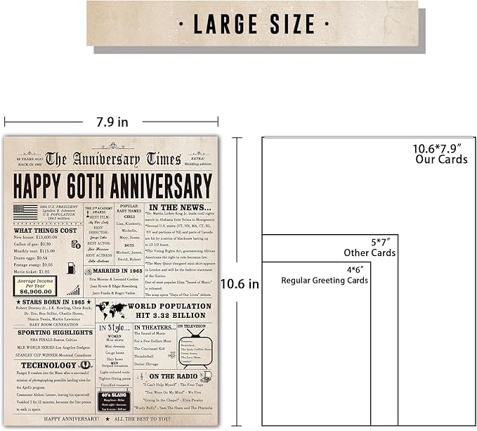Big 60th Anniversary Card for Women Men, Retro 60 Year Anniversary Card Gift for Couple, Diamond Wedding Decorations for Husband Wife, Vintage 60 Years Marriage Gift for Him Her
