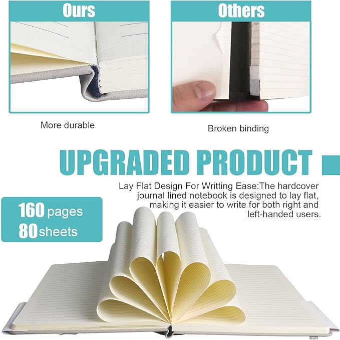 Lined Journal Notebook, 10Pack(Grey), 160 Pages, Medium 5.7 inches x 8 inches - 100 gsm Thick Paper, Hardcover