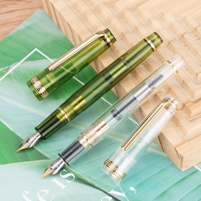 Jinhao 82 Acrylic Fountain Pen, Iridium Bent Nib with Ink Converter, Transparent Unique Design Calligraphy Pen (Gold Trim)