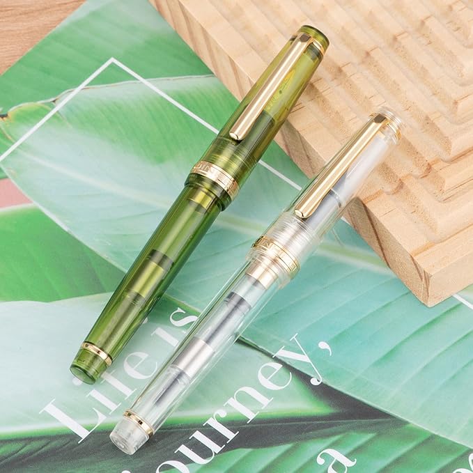 Jinhao 82 Acrylic Fountain Pen, Iridium Bent Nib with Ink Converter, Transparent Unique Design Calligraphy Pen (Gold Trim)