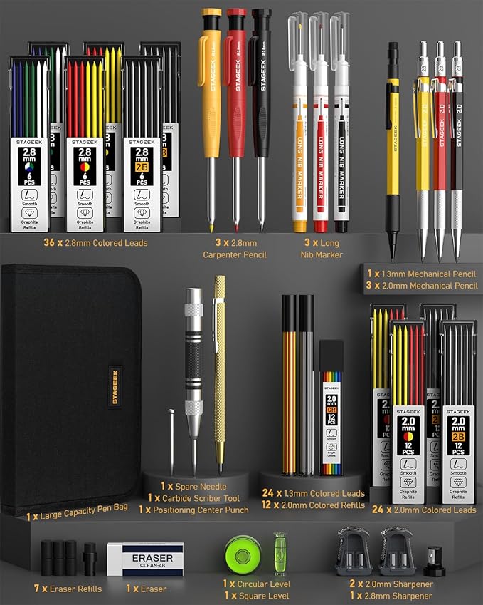 34 Pack Carpenter Pencil Set with Sharpener, Mechanical Carpenter Pencils with Deep Hole Long-Nib Marker Pens, Carbide Scribe Tool & Construction Pencils for Architect Woodworking with Case