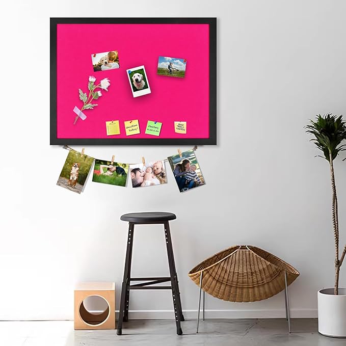 Pink Bulletin Boards Cork Board with Felt, 17"x13" Large Display Pin Board Vision Board for Walls, Jewelry, Notes, Collection, Photos, Office, Wood Framed(Black) & Felt(Pink), 2pc