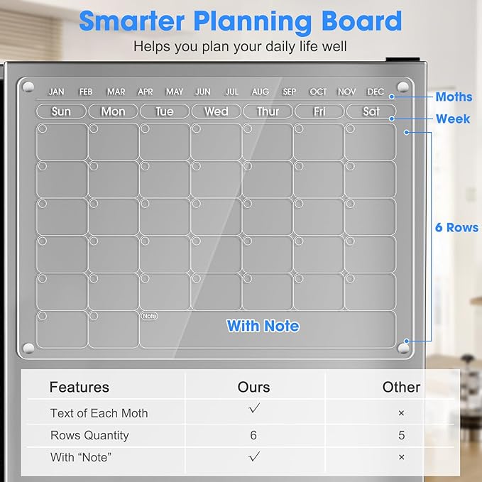 Magnetic Acrylic Calendar for Fridge Refrigerator Monthly Dry Erase Board w/ 8 Markers & Magnetic Pen Holder, Organic Glass Clear Planning Whiteboard Workout Board Meal Planner Magnetic 16x12''