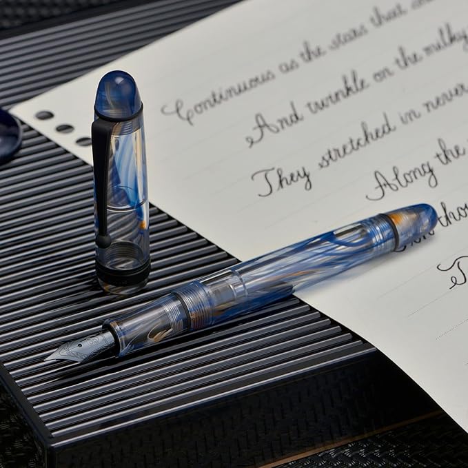 Asvine V126 Vacuum Filling Fountain Pen Extra Fine Nib, Blue Swirl Acrylic, Large-Capacity with Gift Case
