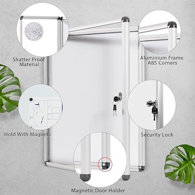 SWANCROWN Enclosed Bulletin Board Dry Erase Noticeboard Lockable Display Boards White with Aluminium Frame 20x14inch(2xA4)