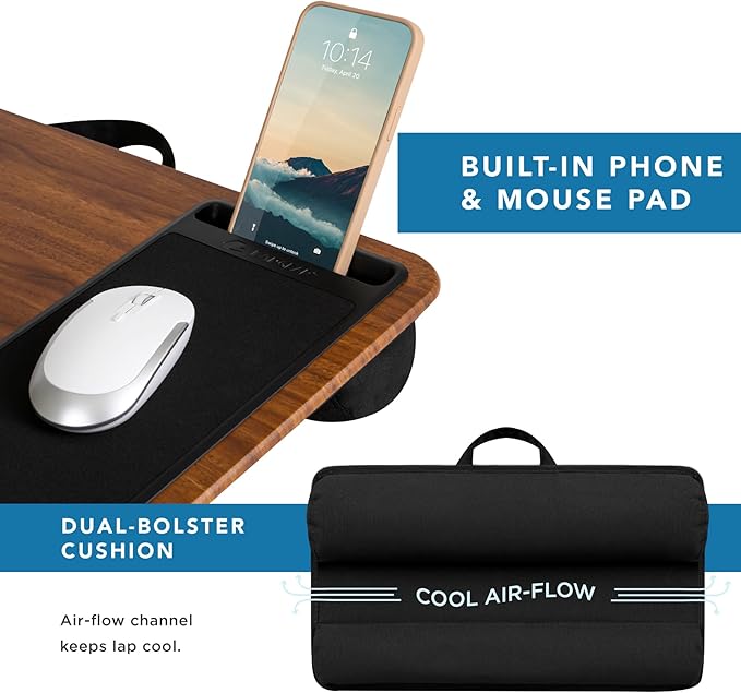 LAPGEAR Home Office Lap Desk with Device Ledge, Mouse Pad, and Phone Holder - Espresso Woodgrain - Fits up to 15.6 Inch Laptops - Style No. 91575