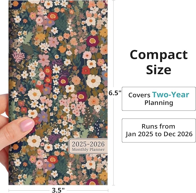 Pocket Calendar 2025-2026 for Purse, Two Year Monthly Planner Pocket Size, Jan 2025 to Dec 2026, Monthly Pocket Planner Small Size (6.5" x 3.5") - Petals