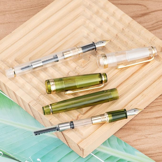 Jinhao 82 Acrylic Fountain Pen, Iridium Bent Nib with Ink Converter, Transparent Unique Design Calligraphy Pen (Gold Trim)