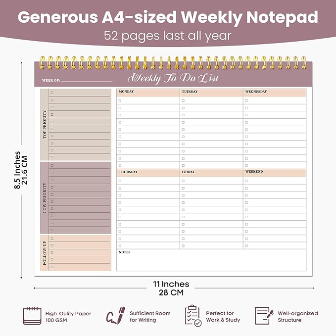 Weekly To Do List Notepad with 52 Undated Sheets(8.5"×11")- Undated Weekly Planner Notepad for Office Desk Accessories and Supplies - Midnight Lilac