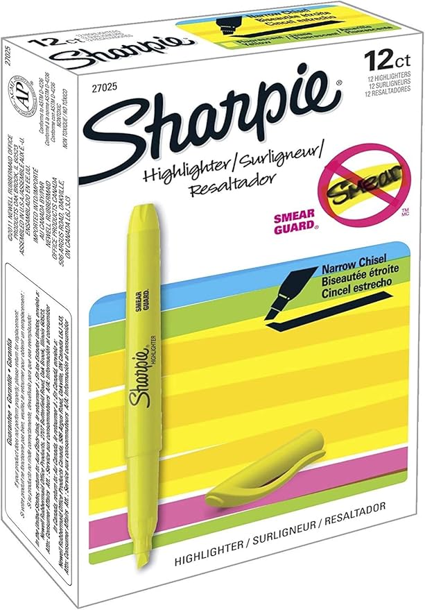 Sharpie Pocket Style Highlighters, Chisel Tip, Fluorescent Yellow, Box of 12
