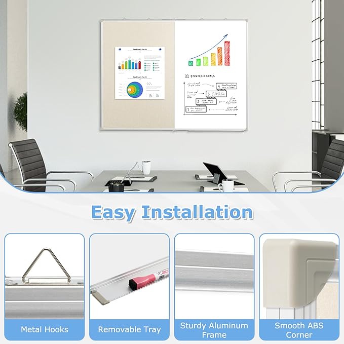 DOLLAR BOSS Foldable Linen Cork Board White Board Combo 48 x 36 in Extra Large Magnetic Whiteboard Dry Erase Bulletin Board Portable Double Sided Aluminum Frame Pin Board for School Office, White