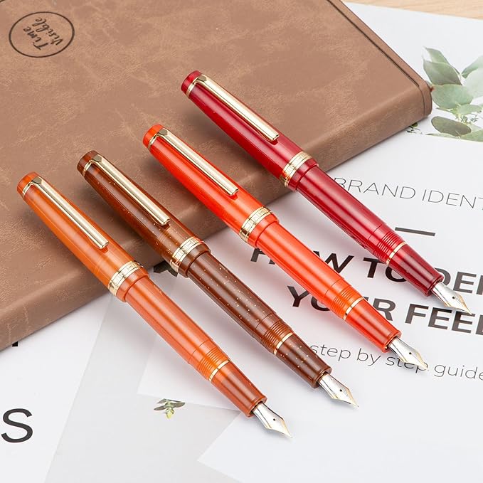 Jinhao 82 Acrylic Fountain Pen, Iridium Bent Nib with Ink Converter, Transparent Coffee Fluorescent Classic Design Calligraphy Pen (Gold Trim)