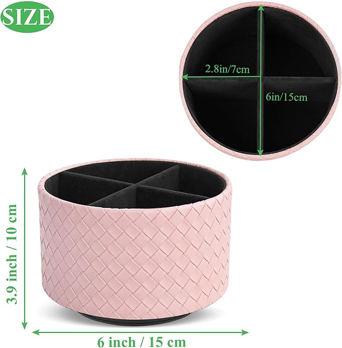 Hennaja Round Leather Art Supply Organizer,Remote Control Holder,360 Degree Spinning,Multi-Functional Pencil Holder,4 Compartments Desktop Stationary Organizer(1-Weave Pink)
