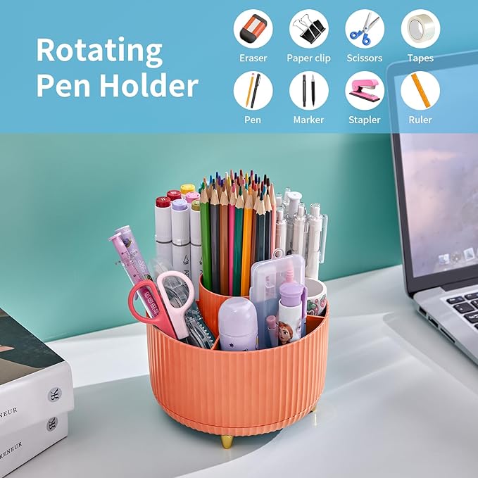 Marbrasse Desk Organizer, 360-Degree Rotating Pen Holder for Desk, Desk Organizers and Accessories with 5 Compartments Pencil Organizer, Art Supply Storage Box Caddy for Office, Home (Orange)