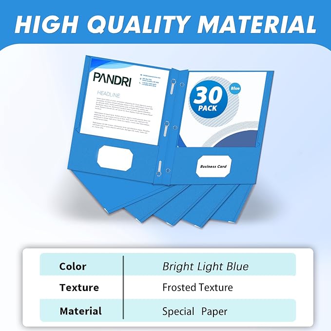 Two Pocket Folders, PANDRI 30 Pack Two Pocket Folders with Prongs, 3 Prong Folders Designed for Office and Classroom, Letter Size Lightblue