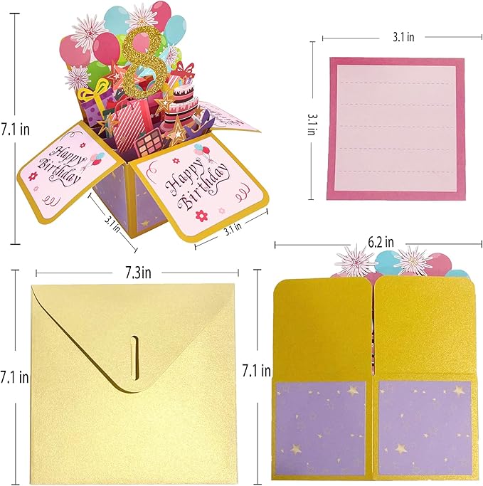 Asmallgf Happy 8th Birthday Popup Card for Daughter Niece, Sweet Birthday Gift for 8 Years Old Girl Boy, Eight Birthday Decorations for Him Her