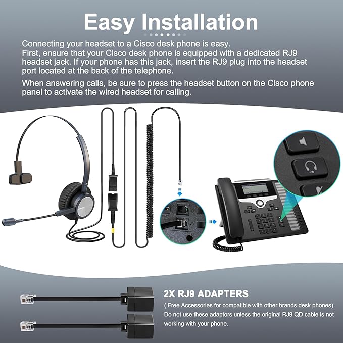 Cisco Landline Phone Headset One Ear Office Wired Telephone Headset with RJ9 Jack Works for Cisco CP-7841 7931G 7940 7941G 7942G 7945G 7960 7961G 7962G 7965G 7970 8841 8851 8961 etc