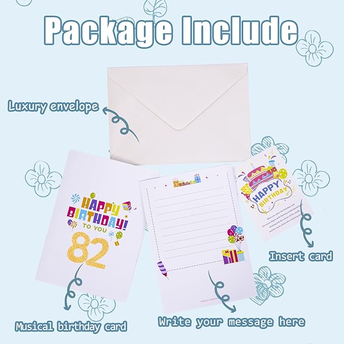 Gumry 82ND Musical Birthday PopUp Card, Blowable Colorful Light Candle 3D Cards with Song, Applause Cheers Sound, Greeting Cards Birthday Gifts Decorations for Women Men Turning 82 Years Old