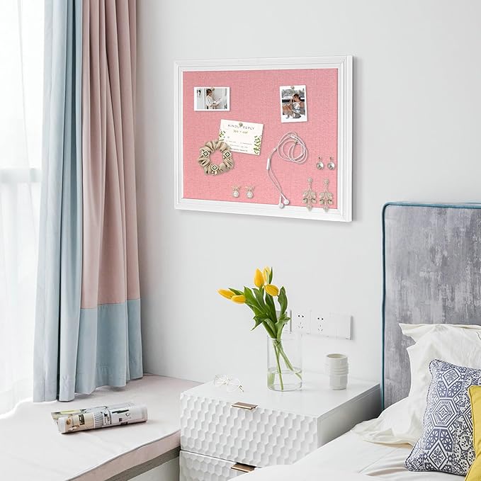 Large Pink Cork Board with Linen, 24" x 18" Hanging Wood Framed Bulletin Board, Picture Display Vision Board Corkboards for Wall Room School Office Decor, 10 Pushpins, 1 Pack