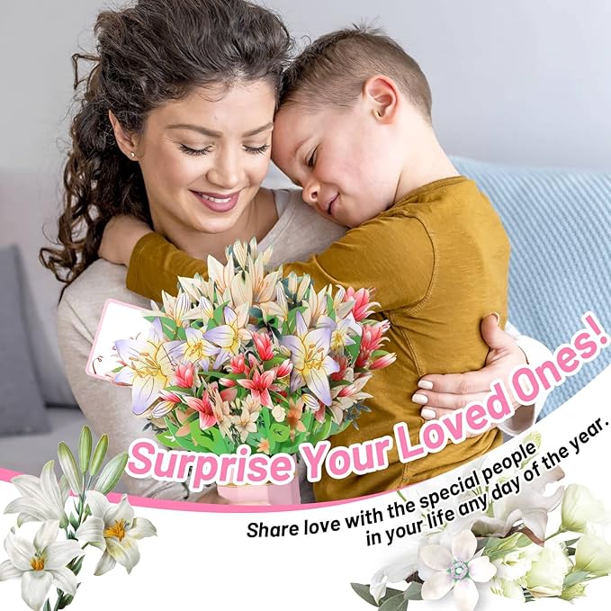 Get Well Soon Card, Popup Flower Lilies Birthday Card Thinking of You Gift Care Gift Cards for Women Mom Wife Friends Female Congratulations Gifts Anniversary Card