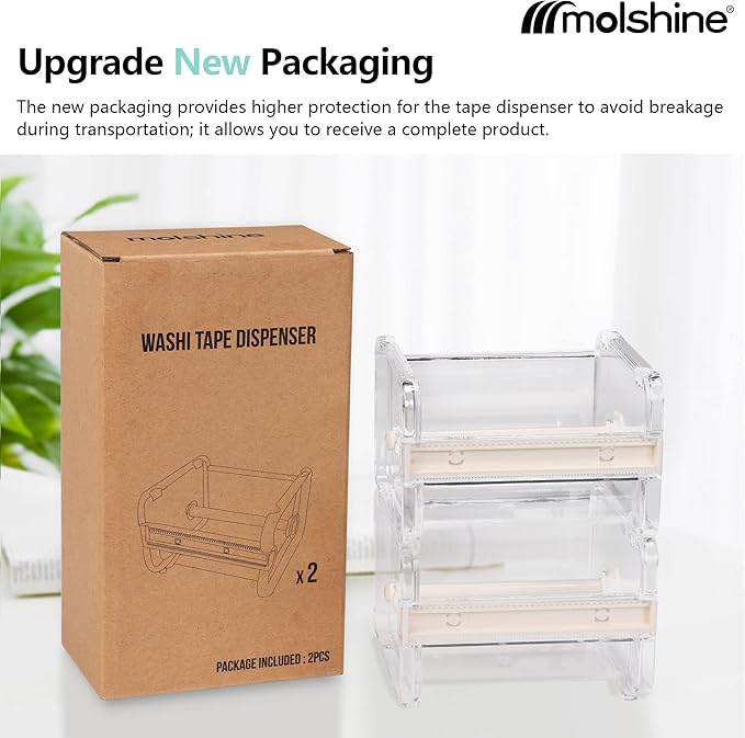 molshine 2 Pack Transparent Desktop Multi Washi Masking Tape Storage Dispenser,Tape Cutter,Tape Roll Holder (Not Include Masking Tape) (Beige)