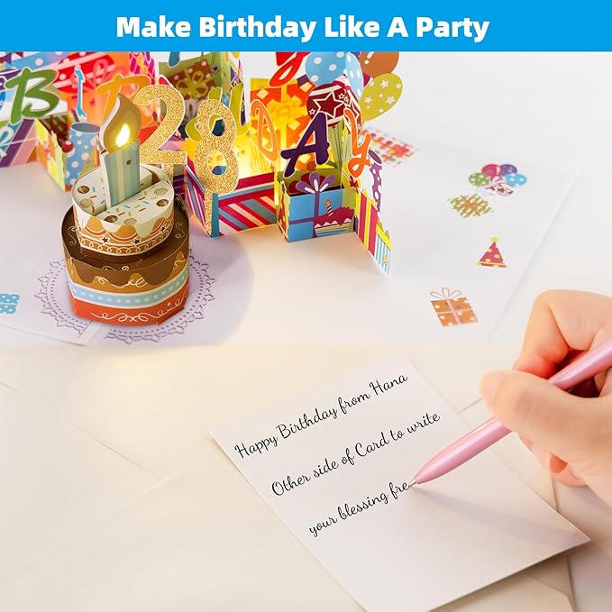 Gumry 28TH Musical Birthday PopUp Card, Blowable Colorful Light Candle 3D Cards with Song, Applause Cheers Sound, Greeting Cards Birthday Gifts Decorations for Women Men Turning 28 Years Old