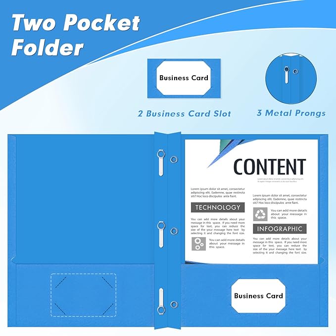 Two Pocket Folders, PANDRI 30 Pack Two Pocket Folders with Prongs, 3 Prong Folders Designed for Office and Classroom, Letter Size Lightblue