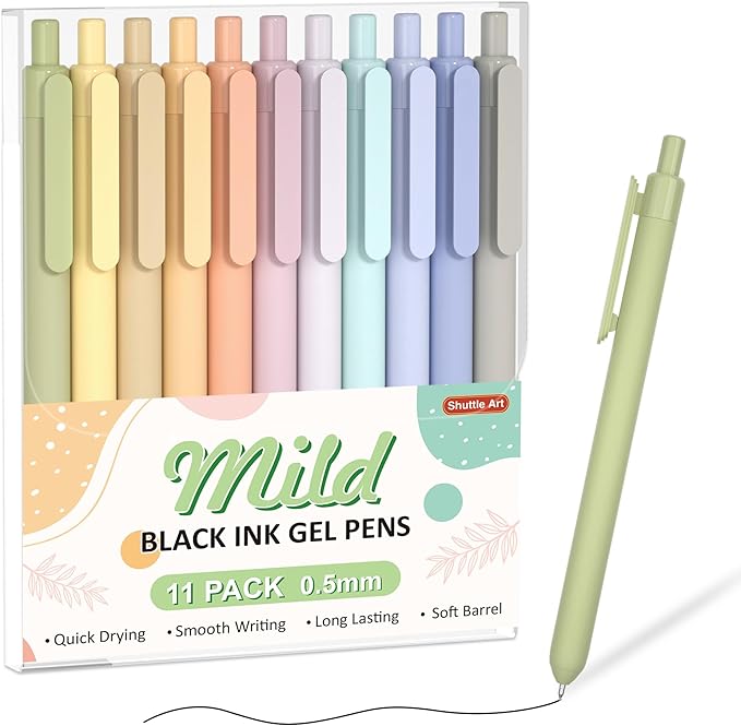Shuttle Art Retractable Mild Gel Ink Pens, 11 Pack Black Ink Pens, Cute Pens 0.5mm Fine Point Soft Barrel for Writing Journaling Taking Notes School Office Home