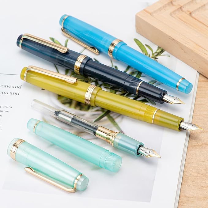 Jinhao 82 Acrylic Fountain Pen, Iridium Bent Nib with Ink Converter, Transparent Sea Blue Classic Design Calligraphy Pen (Gold Trim)