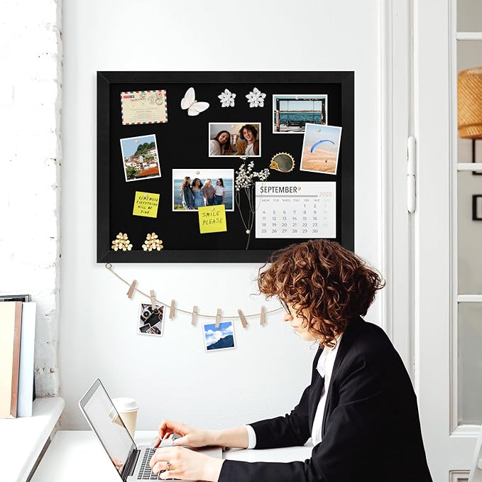 Double-Sided Black Cork Board with Linen, 24" x 18" Hanging Wood Framed Large Bulletin Board, Picture Display Vision Board Kit Corkboards for Wall Room School Office Decor, 20 Pushpins