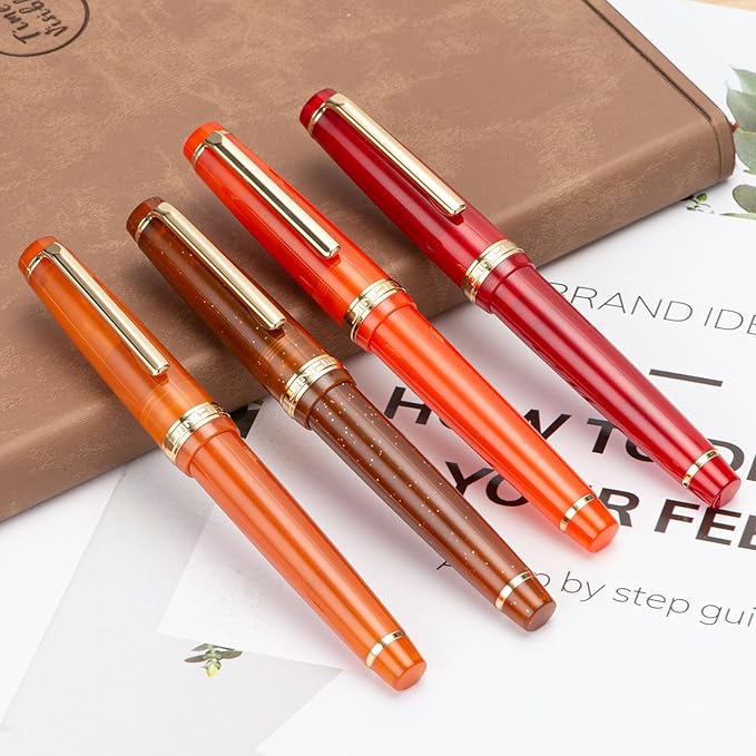 Jinhao 82 Acrylic Fountain Pen, Iridium Fine Nib with Ink Converter, Transparent Light Red Classic Design Smooth Writing Pen (Gold Trim)