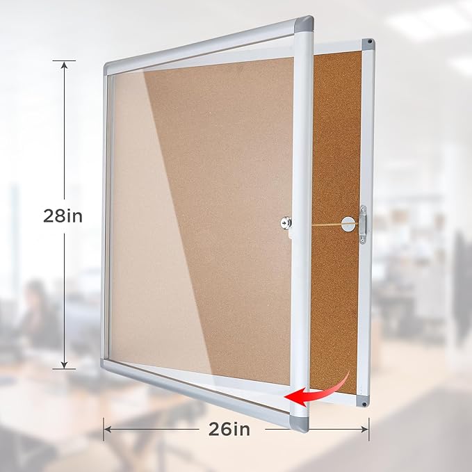 Outdoor Enclosed Cork Bulletin Board Tamper-Proof Dispaly Case, Aluminium Frame, Weatherproof Cork Noticeboard, Enclosed Cork Board for School, Office, Restaurant, Hospital etc(28 * 26inches)