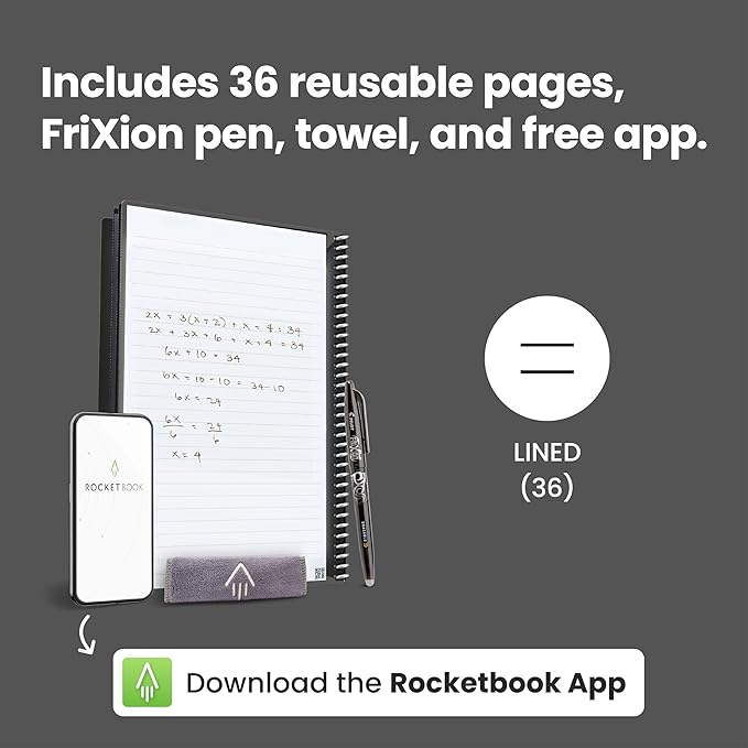 Rocketbook Core Reusable Spiral Notebook, Executive Size 6x8.8, Green - Lined Pages, App-Connected, Erasable, Durable Cover, Ideal for School, Work, and Creative Projects