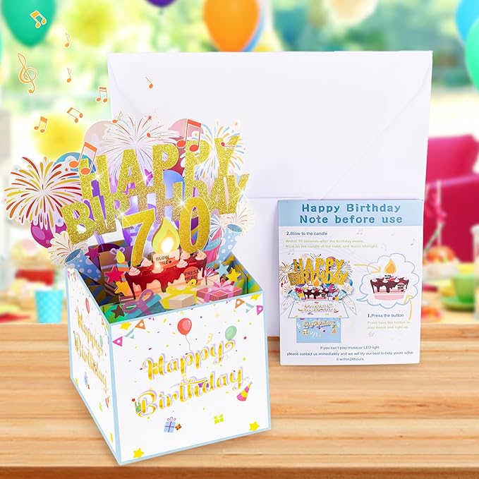 Tnvee 70TH Birthday Cards with Lights & Music & Candle, 3D Large Pop Up Happy Birthday Cards for Women Man Greeting Cards Decorations for 70 Years Old Mom Dad Grandparents