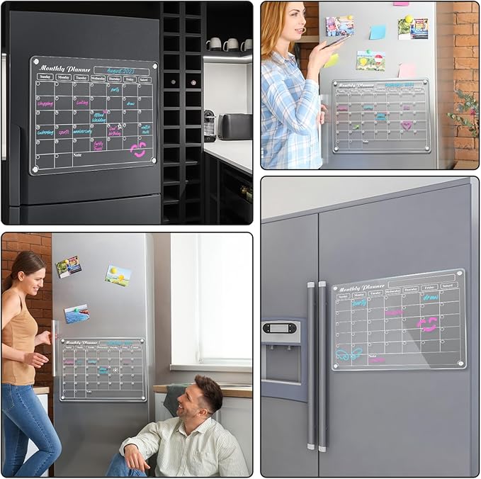 DIYMAG Acrylic Magnetic Dry Erase Calendar for Fridge, Clear Acrylic Calendar Planning Board Magnetic Monthly Planner Menu for Refrigerator with 3 Highlight Markers