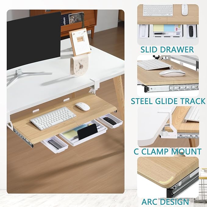 ETHU Keyboard Tray Under Desk, Pull Out Keyboard & Mouse Tray with C-clamp, Ergonomic Desk Keyboard Tray Slide Out, Pull Out Platform Drawer for Home and Office(Oak)