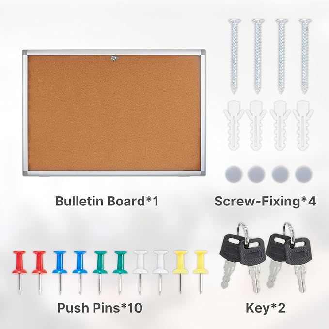 Outdoor Enclosed Cork Bulletin Board Tamper-Proof Dispaly Case, Aluminium Frame, Weatherproof Cork Noticeboard, Enclosed Cork Board for School, Office, Restaurant, Hospital etc(36 * 24inches)