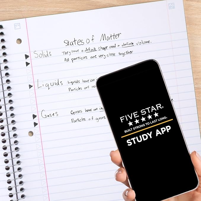 Five Star Spiral Notebook + Study App, 3 Subject, Wide Ruled Paper, 8" x 10-1/2", 150 Sheets, Black (73094)