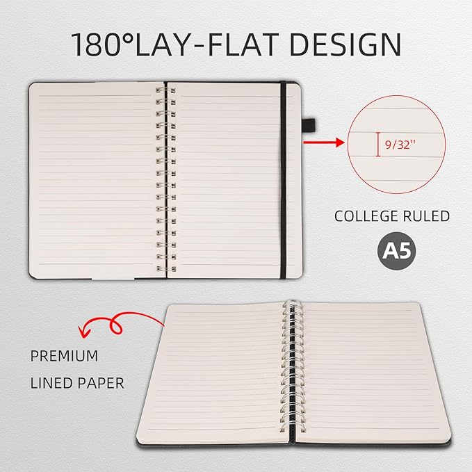 Lined Spiral Notebook Journal for Women Men 160 Pages A5 College Ruled Hardcover Leather with Pen Holder Notebook Journals for Note Taking Work Pink