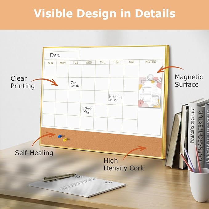 Calendar Whiteboard for Wall - 24'' x 18'' Magnetic Monthly Dry Erase Calendar with Cork Board - Gold Aluminum Frame