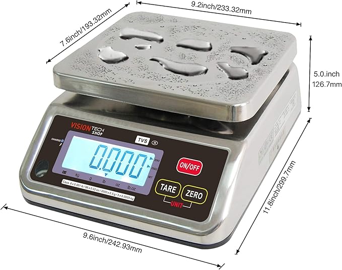 TVS Portion control Stainless steel Washdown Scale, Lb/Oz/Kg/g Switchable, Low Profile Design, 30lb Capacity, 0.005lb Readability, Single Display, NTEP Legal for Trade Coc #19-058