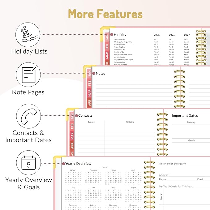 Forvencer 2025 Planner, Hardcover Weekly and Monthly Planner, January 2025 - December 2025, 8.5" x 11", Spiral Calendar Planner with Tabs, Exquisite Daily Organizer Notebook with Inner Pocket, Agenda Journal for Office Home School, A4 Size, Pink