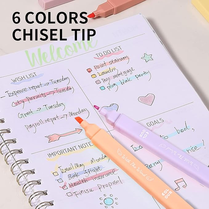 Aesthetic Cute Pastel Highlighters Set, 6 count, Mild Assorted Colors Candy Highlighters, Chisel Tip,No Bleed Bible Marker Pen, Study Journaling School Supplies Planner
