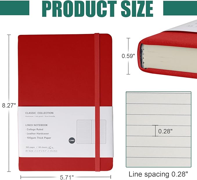 Lined Journal Notebook, (red), 160 Pages, Medium 5.7 inches x 8 inches - 100 gsm Thick Paper, Hardcover