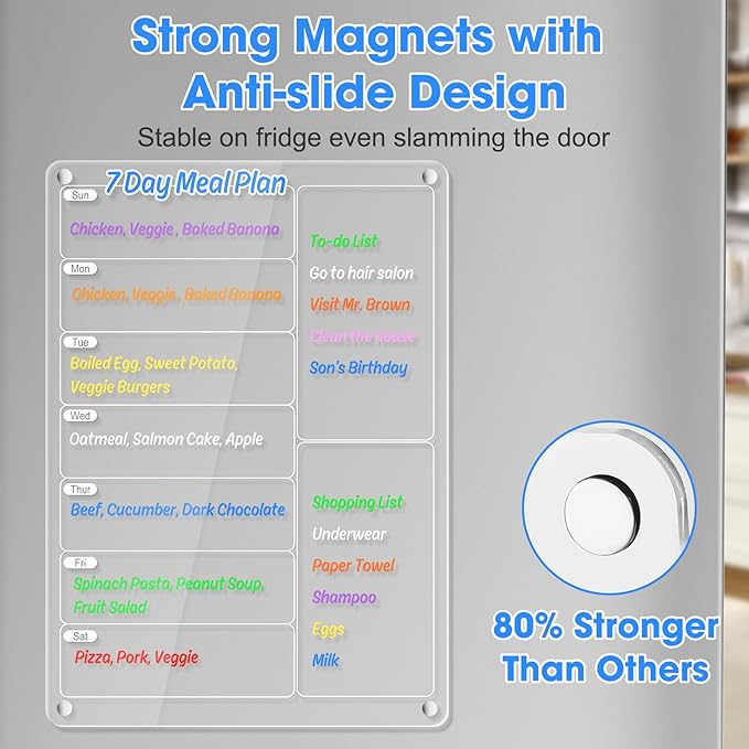 Acrylic Meal Planner Magnetic Menu Board for Kitchen Fridge w/Markers, Clear Weekly Calendar Planning Board Noteboard Refrigerator Dry Erase Board to Do/Grocery/Shopping List/Chore Chart, 12.8x9’’