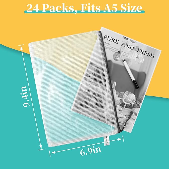 A5 Mesh Zipper Pouch, 24 Pack 9.4" x 6.9" Plastic Zipper Pouches for Organizing, Multipurpose Waterproof Zipper Bags for Travel Office Home Storage, Black