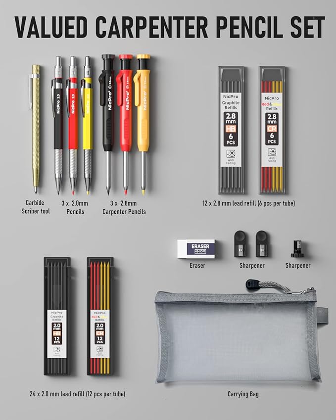 Nicpro 16 Pack Mechanical Carpenter Pencil Set with 42 Refill & Carbide Scribe Tool, Construction Pencils Heavy Duty Woodworking Pencils for Architect