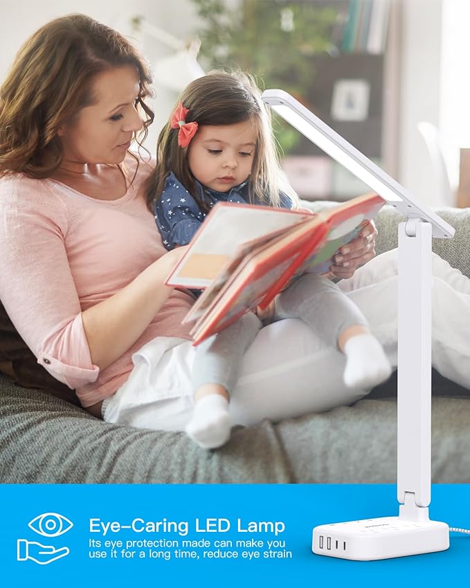 Power Strip with LED Desk Lamp, 10 Ft Extension Cord with 3 Outlets 4 USB Ports(2 USBC), 4 Modes 5 Level Touch Lamp Small Desk Lamp for Home Office, Study Reading Light, Dorm Room Essentials