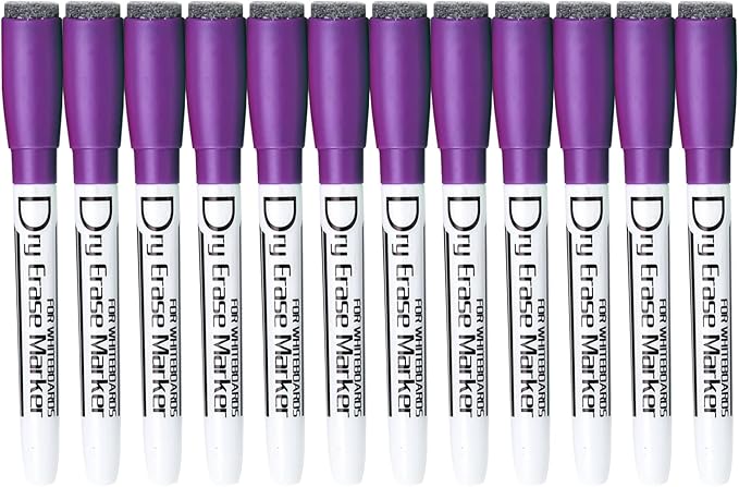 Volcanics Magnetic Dry Erase Markers With Eraser Cap Whiteboard Markers Low Odor Fine Tip Whiteboard Pens for Kids, Pack of 12, Purple