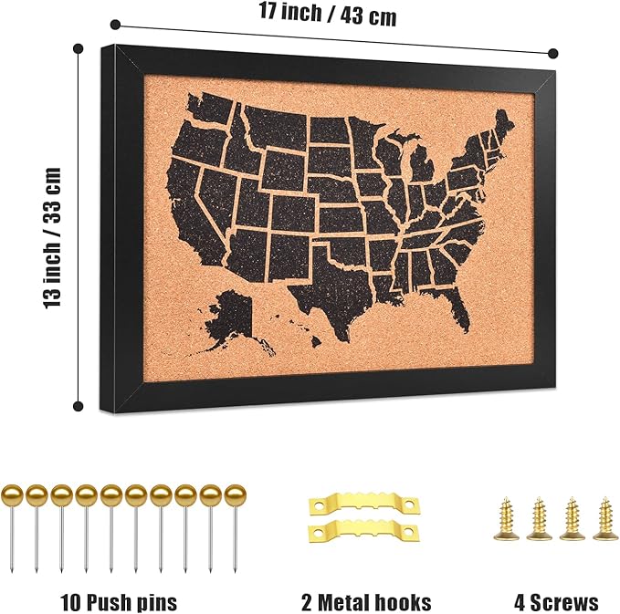 Cork Board Map of The United State, 17" X 13" Bulletin Boards for Walls with 10 Pins, Travel Tracker Map for Office, School and Home (US-MAP-3343)